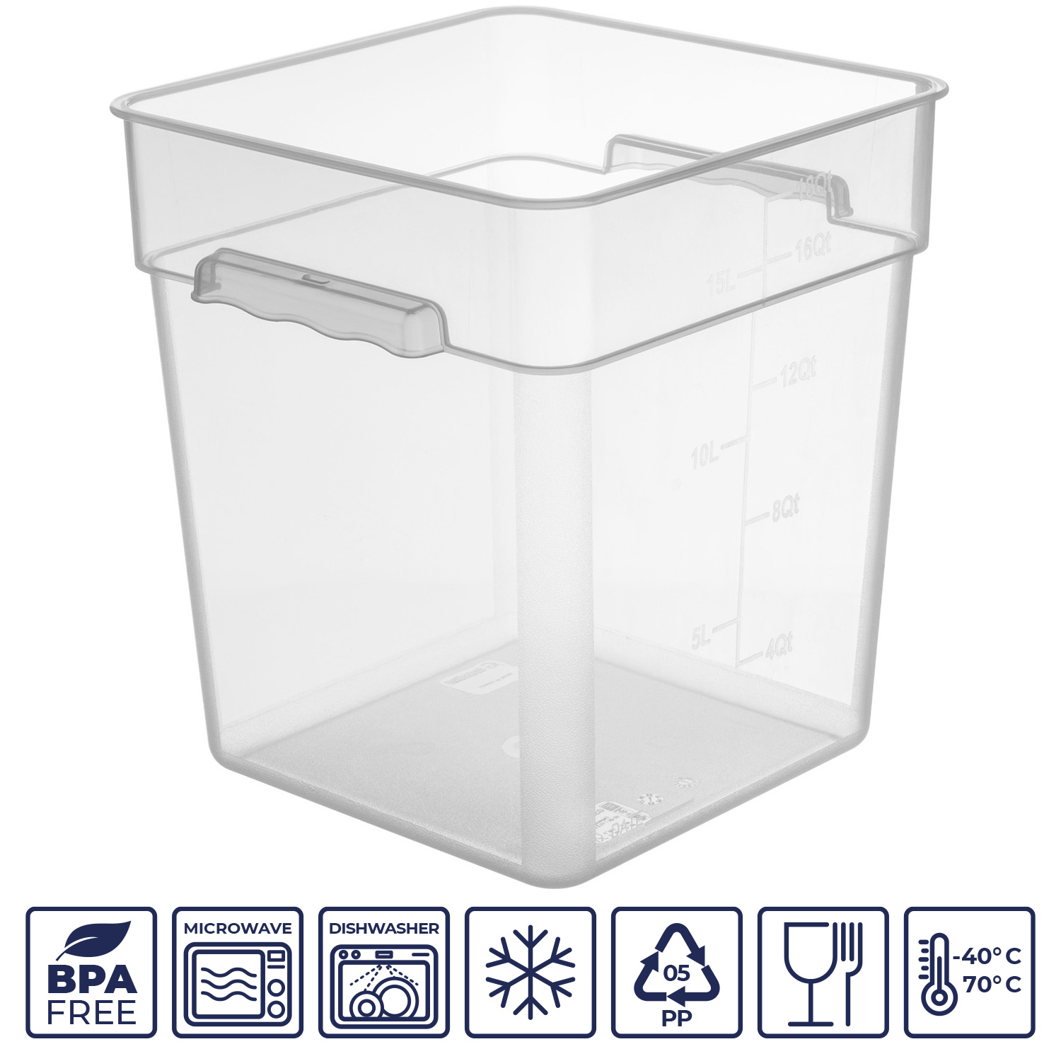 Контейнер для продуктов квадр. 17,2 л. 28*28*32 см. с мерн.шкалой, прозрач, п/п, б/крышки, штабелир. (кр. 76717,76715,76714,76716,76836)GP/1/12/