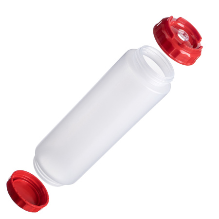 Емкость для соуса 1000 мл. d=75 мм. h=257 мм. c 2 крышками, с силик. носик. широкая прозрачная, крышки красные GP /1/96/ ВДОХНОВЕНИЕ