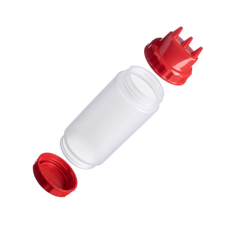 Емкость для соуса  500 мл. d=70 мм. h=200 мм. с 2 крышками 3 носика, широкая прозрачная, крышки красные GP /1/96/